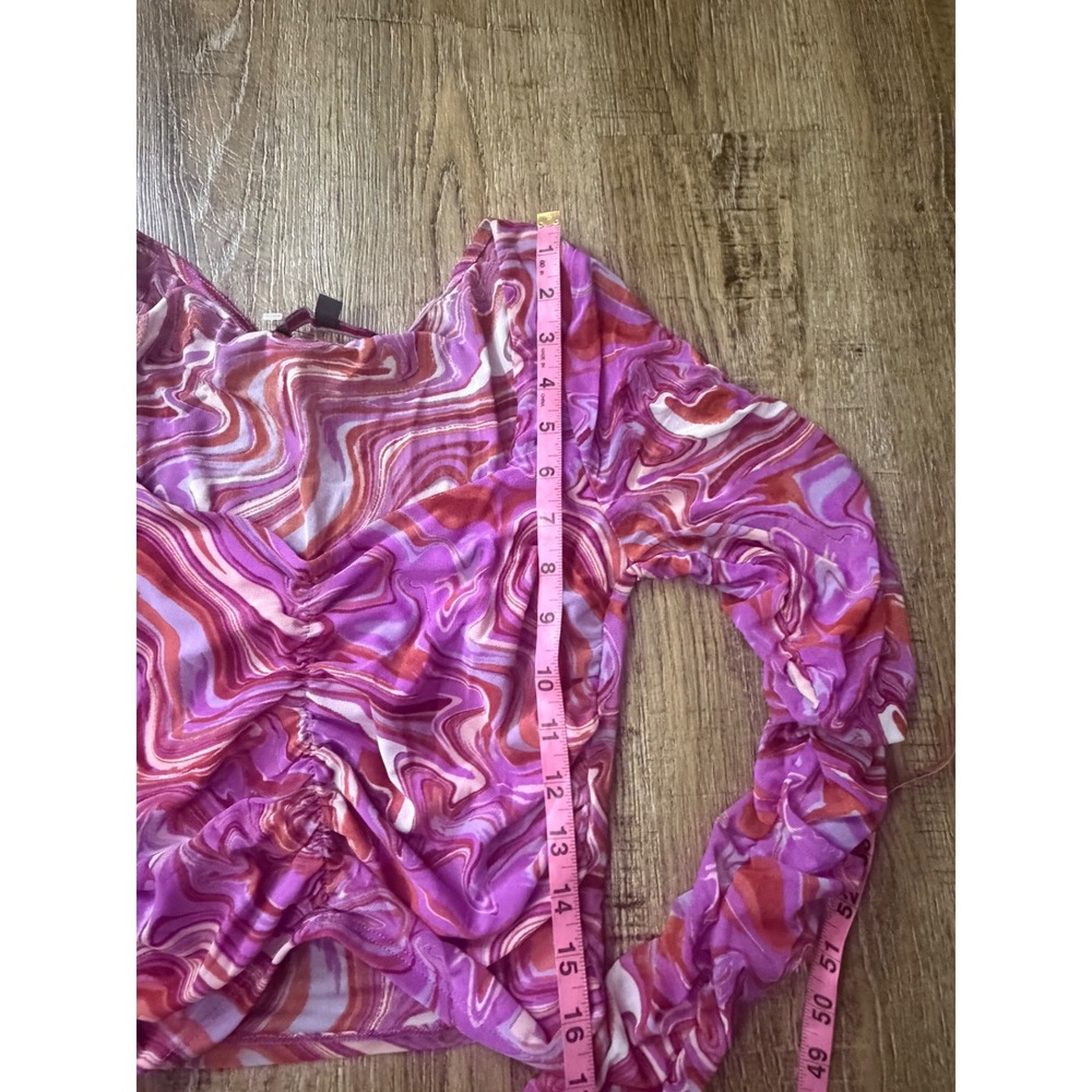 Almost Famous Mesh Ruched Long Sleeve Top Size M Pink Orange Swirl Psychedelic - Picture 4 of 7